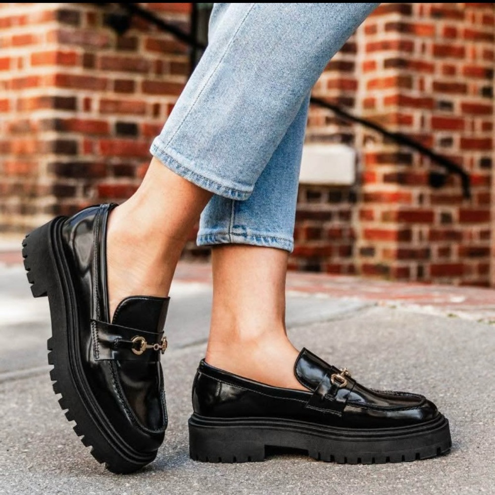 Black Patent Chunky Loafers for Women - Classic Slip-On Style